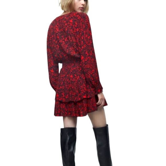 ZARA Dress Mini Short Ruffle Sexy‎ Long Sleeve Black Red Babydoll Whimsygoth S - Picture 3 of 15